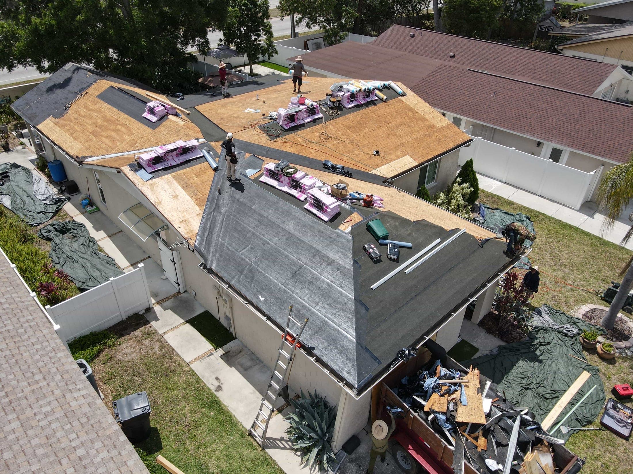 Aerial view of a roof deck mid-installation